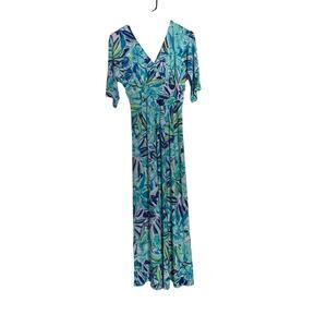 Women’s Pappagallo Maxi Dress Vibrant Tropical Hawaiian Print Blue Green Sz XS